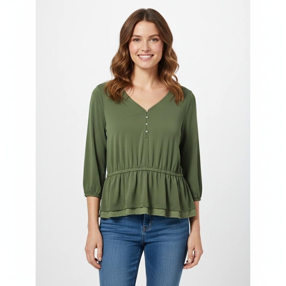 Cleo Forest Green Women's Blouse Button Detail Peplum Size Large Petite